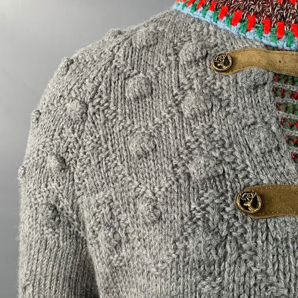 Size 12 Grey Multi Color Wool Cable Knit Bobble Leather Trim Jacket - Picture 5 of 11